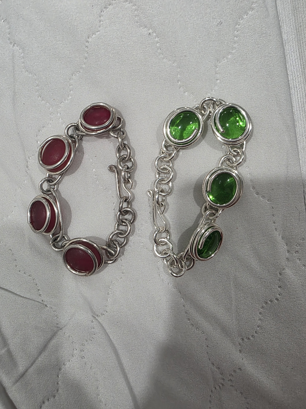 Sterling Silver Green and Pink Glass Link Bracelet Set